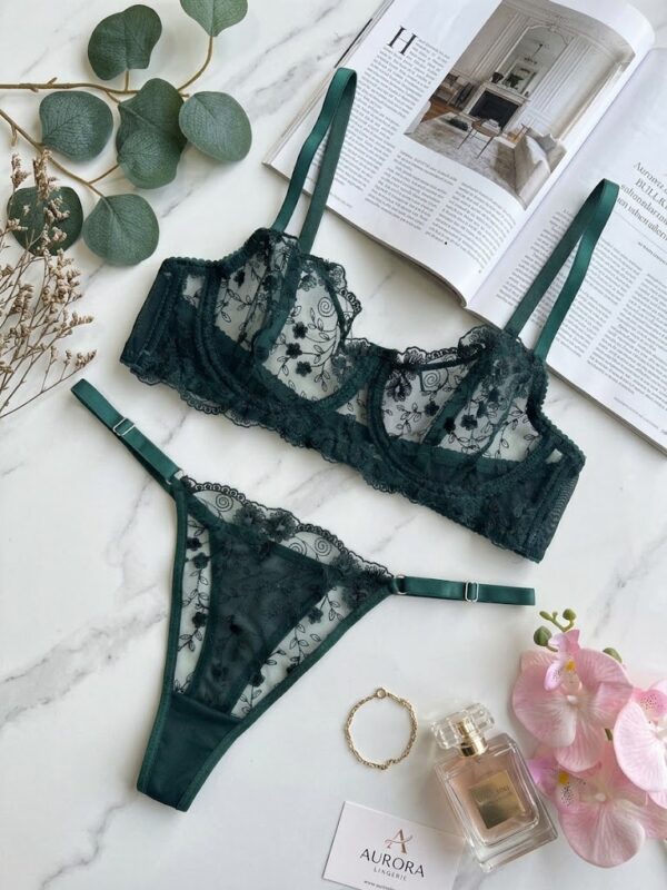 Yeşil Çiçek Desenli Transparan Bralet ve Tanga Takım